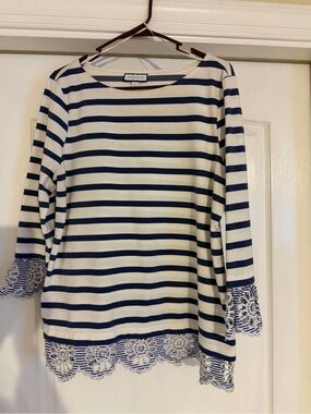Charter Club Navy and White Striped Lace-Trim Long Sleeve Top